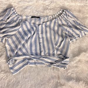 Suzy Shier Blue and White stripes button down crop top